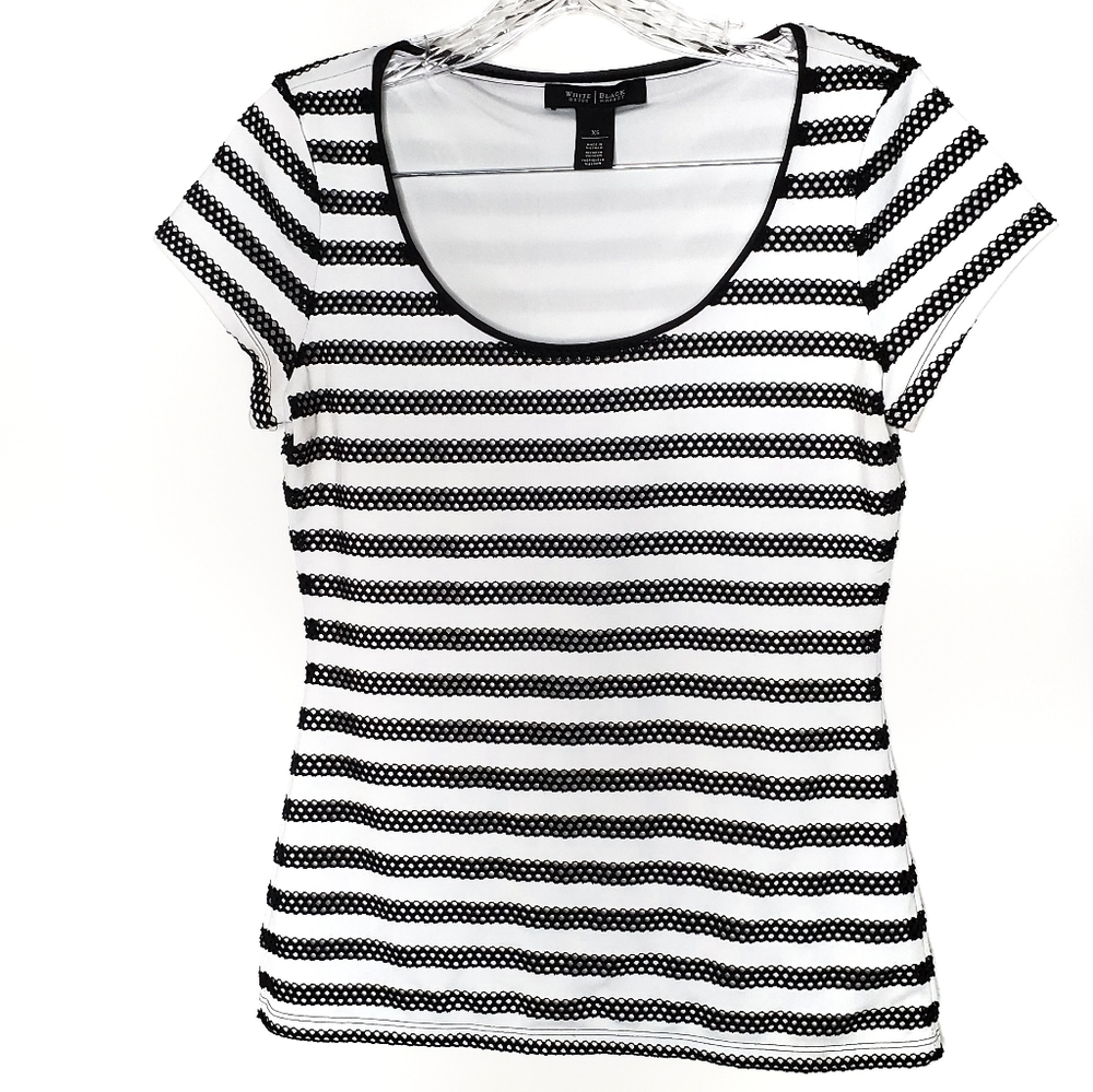 WHBM Black and White Striped Eyelet Tee